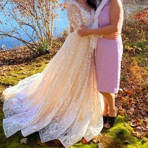 Wedding Dress - Long Sleeve - Sheer top and layered bottom - Lace